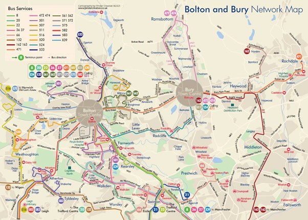 A Route Map that show a number of Diamond Bus North West routes around Bolton, Bury, Rochdale, The Trafford Centre, Westhoughton.