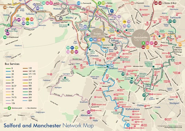 A network Map showing Diamond Bus North West services operating Manchester, Eccles, Stretford, Leigh, Wythenshawe, Altrincham