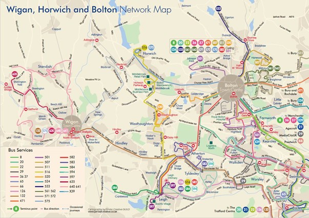A Network Map showing Diamond Bus North West services around Bolton, Wigan, Standish, Leigh, Horwich